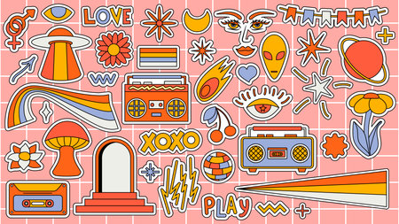 Set of hipster retro cool psychedelic elements. Collection stickers of groovy cliparts from the 70s 60s. Collage with trendy pop vibe with funky design element. Abstract background of cartoon stickerのイラスト素材