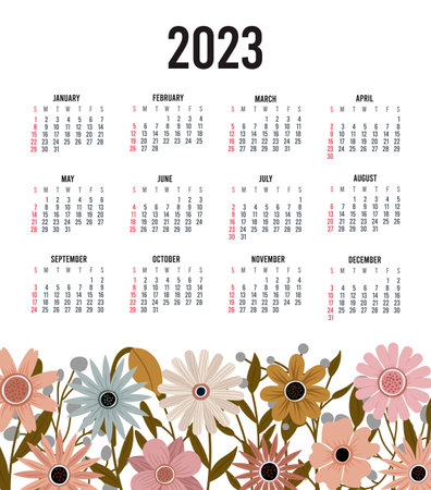 Calendar 2023 with 12 months. Sunday week start annual calendar. Single page calendar template with hand drawn boho plants and flowers. vector illustrationのイラスト素材