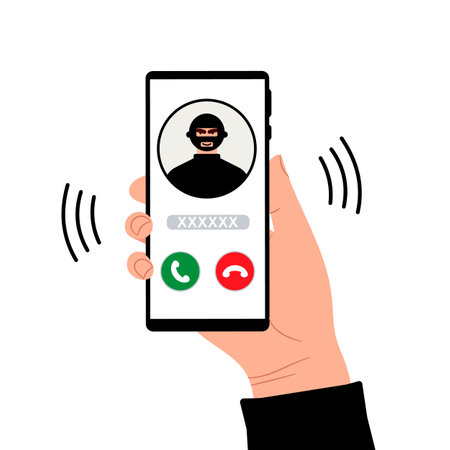 A call on the phone in the hand of a fraud person. A telephone fraudster deceives and steals money and cards through smartphone calls. Thief, hacker and criminal are calling. vector illustrationのイラスト素材