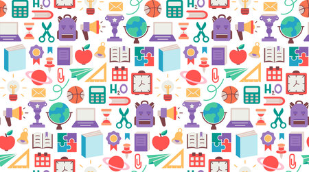 Back to school. pattern seamless of stationery for studying at school. education kids accessory. print object stuff design. graphic wallpaper element children study. background vector illustrationのイラスト素材