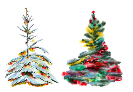 green Christmas trees in the snow decorated with garlands, lights of yellow, red, orange colors, watercolor. Isolated on a transparent backgroundの写真素材