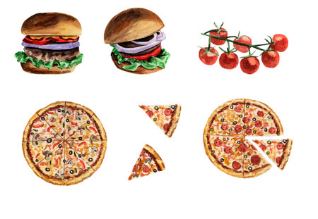watercolor set whole pizza, pizza slices, burgers, cherry tomatoes on a branch isolated on a white backgroundの写真素材