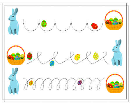 Practice handwriting, circle the line. Easter eggs, Easter basket, Easter bunny. Vector isolated on a white backgroundのイラスト素材