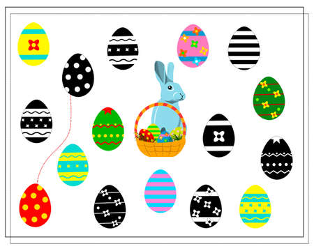 Find the right shadow, connect it with a line. Easter eggs. a puzzle game for kids. Easter bunny, basket. Isolated vector illustration.のイラスト素材