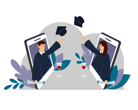 Graduation, square cap of the graduate, mantle. the concept of a graduation on insulation. A mobile phone, a man and a woman glasses of wine. vectorのイラスト素材