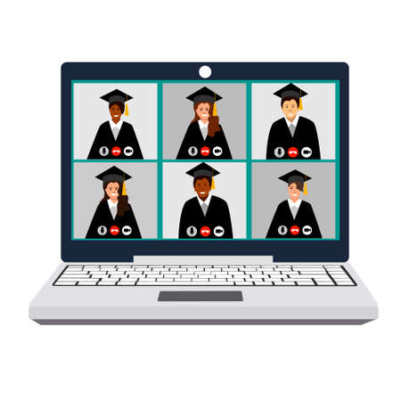 Graduation, square cap of the graduate, mantle. Laptop, video communication, men and women, dark skin color. vectorのイラスト素材