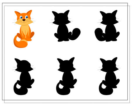 a puzzle game for preschool children. find the right shadow. Cartoon cat. Silhouette. Vector illustration isolated on a white backgroundのイラスト素材