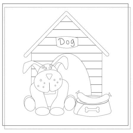 coloring book for children cartoon dog sitting near the booth, a bowl of sausage. vector isolated on a white backgroundのイラスト素材