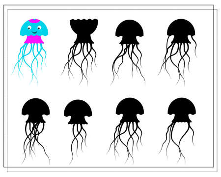 Puzzle game for kids find the right shadow. Choose a shade for the sea creatures jellyfish. vector isolated on a white backgroundのイラスト素材