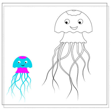 The page of the coloring book, octopus. Sketch and color version. Coloring book for kids. Vector illustration isolated on a white backgroundのイラスト素材