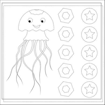 Page coloring books, handwriting practice for kids, jellyfish. A sketch. Vectorのイラスト素材
