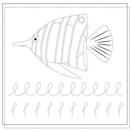 practice handwriting. circle the dots. drawing a worksheet for children. Illustration of fish for children. Vector isolated on a white backgroundのイラスト素材