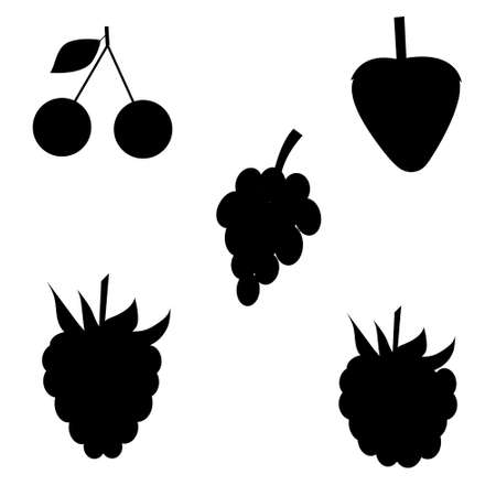 a set of silhouettes of raspberries, strawberries, grapes, cherries, blackberries. Vector isolated on a white backgroundのイラスト素材