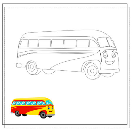 cartoon bus coloring book. Sketch and color version. Coloring book for children. Vector illustration isolated on a white backgroundのイラスト素材