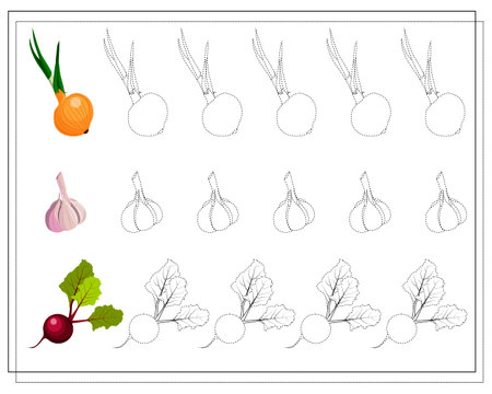 game for kids outline, practice handwriting, vegetables onion, garlic, beetroot. vector isolated on a white backgroundのイラスト素材