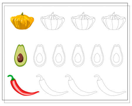 game for kids outline, practice handwriting, vegetables onion, garlic, beetroot. vector isolated on a white backgroundのイラスト素材