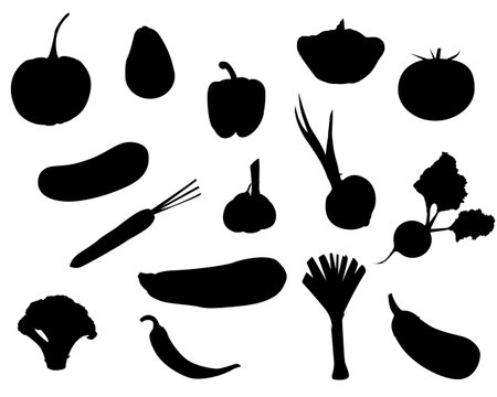 a set of vegetable silhouettes. onion, garlic, beetroot, avocado, pumpkin, broccoli eggplant, leek, pepper, squash, squash chili pepper vector isolated on a white backgroundのイラスト素材
