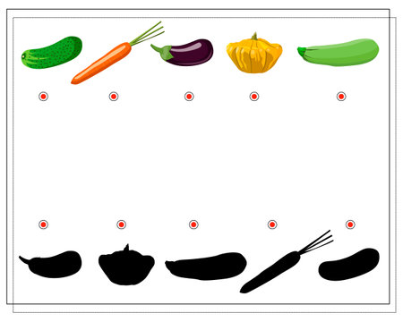 puzzle game for kids find the right shade, vegetables. cucumber, carrot, eggplant, squash, squash. vector isolated on a white backgroundのイラスト素材