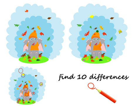 find the difference, a cartoon elephant stands under an umbrella. a game for children. vector isolated on a white backgroundのイラスト素材