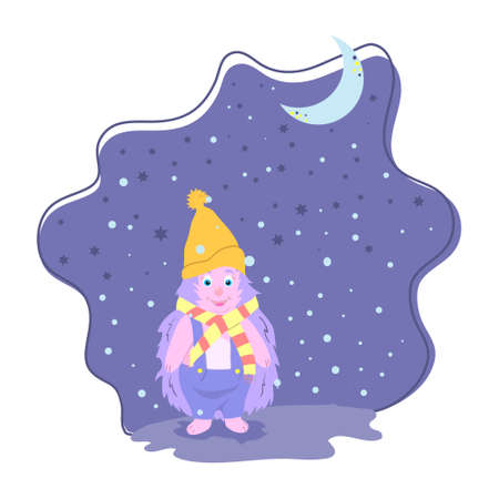 cute cartoon hedgehog in a hat and scarf, night, winter, moon, stars, snow. vector isolated on a white backgroundのイラスト素材
