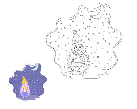 Coloring book for children, hedgehog in a hat and scarf, night, moon. vector isolated on a white background.のイラスト素材