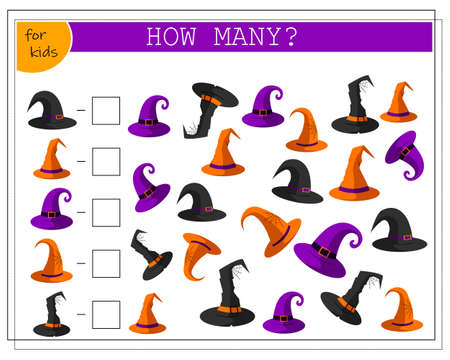 math game for kids, witch hats, halloween. vector isolated on a white background.のイラスト素材
