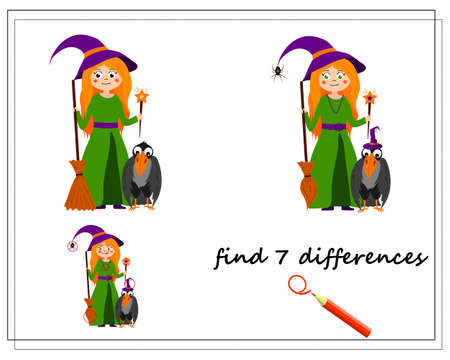 game for kids find the difference, cartoon witch with a broom and a magic wand, Halloween. vector isolated on a white background.のイラスト素材