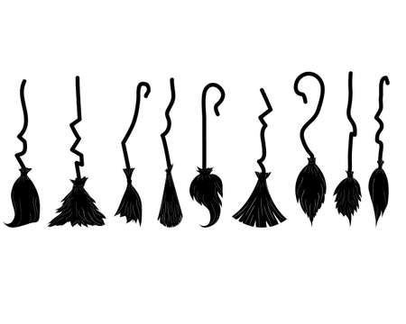 set of witch broom silhouettes, Halloween. vector isolated on a white background.のイラスト素材
