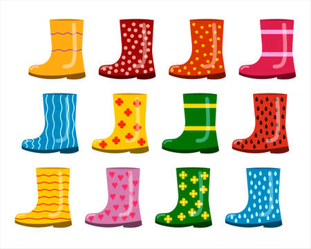 A set of rubber boots with different patterns. Vector isolated on a white background.のイラスト素材