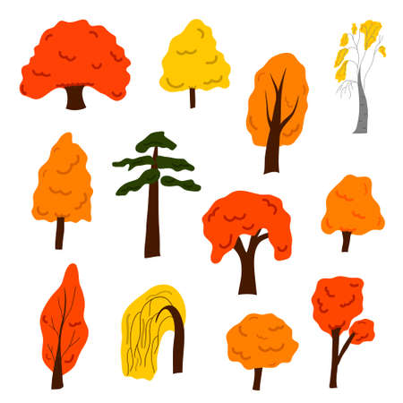 A set of cartoon autumn trees. Vector isolated on a white background.のイラスト素材
