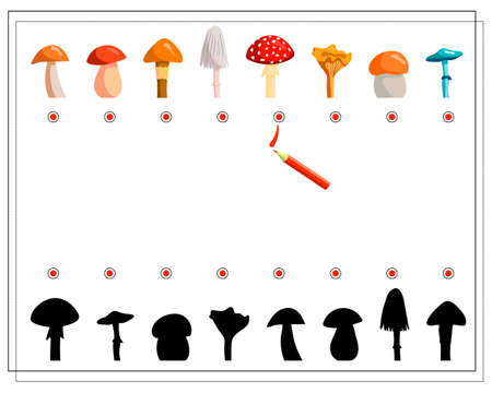 A logical game for children, find the right shadow for mushrooms. Vector isolated on a white background.のイラスト素材