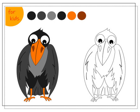 coloring book for children by colors, cartoon crow, halloween. vector isolated on a white background.のイラスト素材