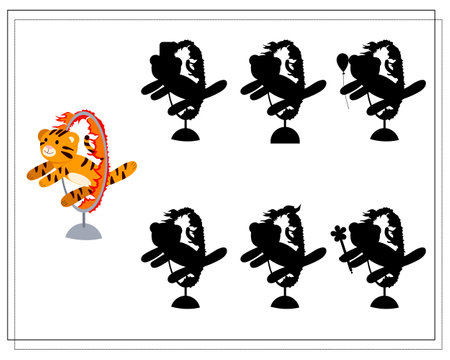 A logical game for children, find the right shadow. a tiger in a circus.vector isolated on a white background.のイラスト素材