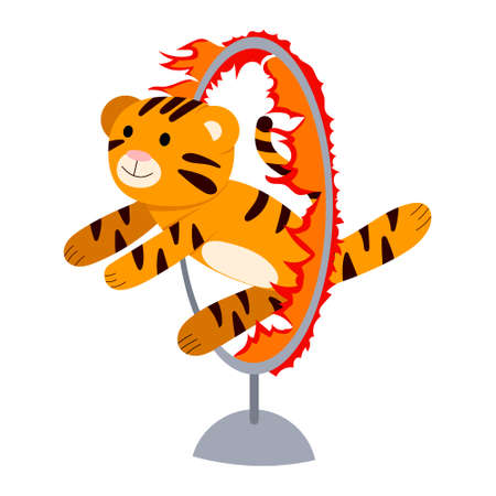 Cartoon vector illustration for children, a tiger jumps through a burning ring in a circus, Chinese new year. isolated on a white background.のイラスト素材