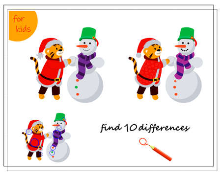 A logical game for children. Find the differences. A tiger in a Santa costume makes a snowman, new year. Vectorのイラスト素材