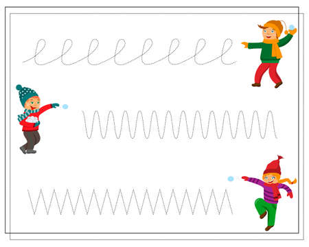The handwriting practice worksheet. Children play snowballs, winter.のイラスト素材