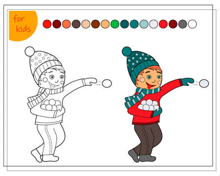 coloring book for kids by colors, cute cartoon child playing snowballs, vector isolated on a white background.のイラスト素材