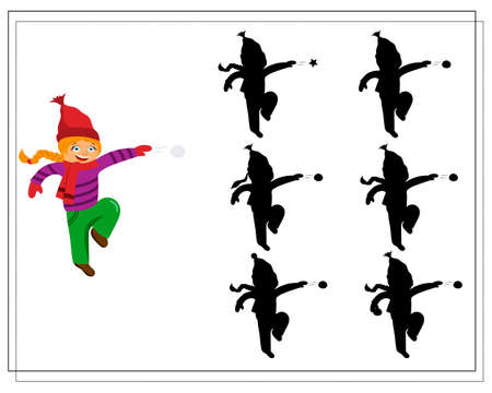 Puzzle game for kids find the right shadow, cute cartoon kids playing snowballs. vector isolated on a white background.のイラスト素材