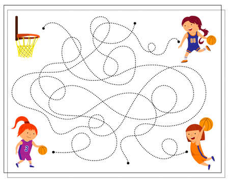 go through the maze connecting the dots to find out who scored the ball in the ring, a basketball game. vectorのイラスト素材