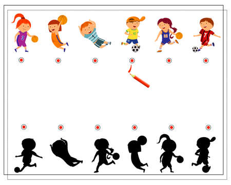 a logical game for children to find the right shadow. cartoon children play football and basketball. vectorのイラスト素材