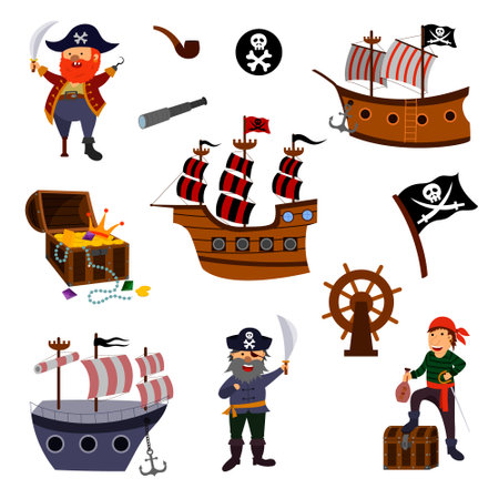 a set of charming pirates, a sailing ship, a treasure chest. Childrens vector illustration in a flat cartoon styleのイラスト素材