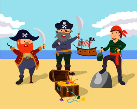 Sea pirates found a treasure chest, cartoon characters pirates flat vector illustrations with treasuresのイラスト素材