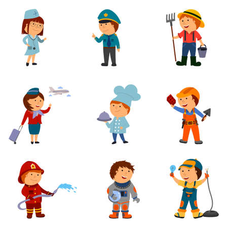 a set of cartoon children of different professions, vector isolated on a white background.のイラスト素材