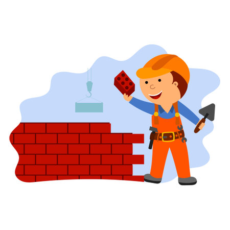 Illustration of a cute child in a helmet building a brick wall, a builder at a construction site, vector isolated on a white background.のイラスト素材