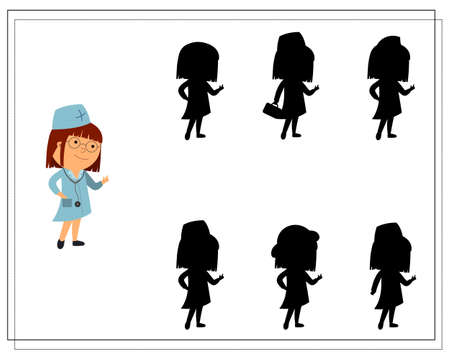A puzzle game for kids find the right shadow, a medical worker, a doctor or a nurse. vector isolated on a white backgroundのイラスト素材