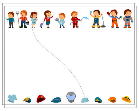 A logical game for children where whose hat, cartoon children of different professions. vector isolated on a white backgroundのイラスト素材