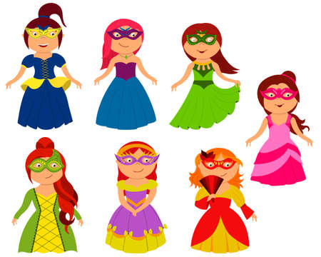 Little girls in princess costume in masquerade mask and fancy dress. A set of cute kids dressed as royalty. vector illustration isolated on a white backgroundのイラスト素材