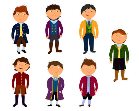 Little boys in prince's costume, in fancy dress. A set of cute kids dressed as royalty. vector illustration isolated on a white backgroundのイラスト素材