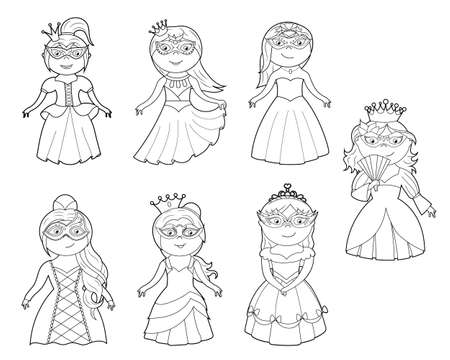 a coloring book, a cute princess in a dress, a mask and a crown. vector cartoon illustration isolated on a white backgroundのイラスト素材