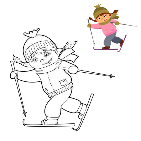 coloring book, cute cartoon kids, skiing. vector isolated on a white background.のイラスト素材